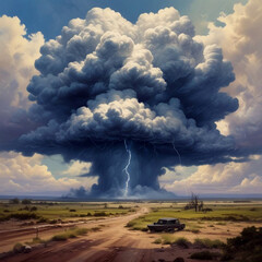 Landscape photography of natural disaster, storm with lightning and flood scenario.	
