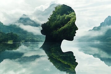 Combination of a silhouette of a face of child and a landscape with trees, grass, sky and water.