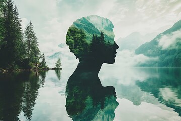 Combination of a silhouette of a face of child and a landscape with trees, grass, sky and water.