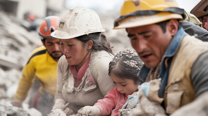 Fototapeta premium A family helping each other after a collapsed building during an earthquake
