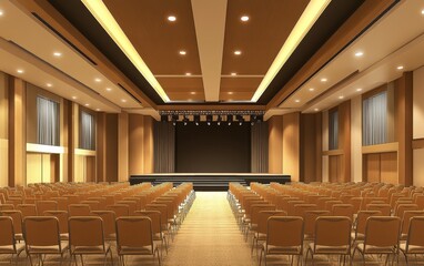 Fototapeta premium A spacious auditorium with rows of chairs facing a stage, designed for events, presentations, or performances.