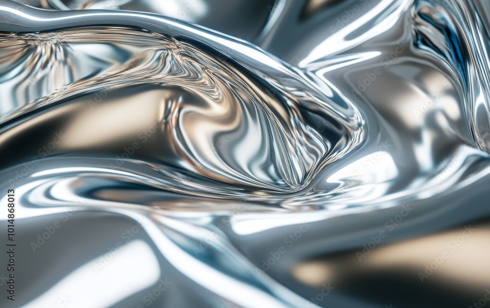 Poster a close-up of shiny, reflective metallic fabric with intricate folds and curves, showcasing light an