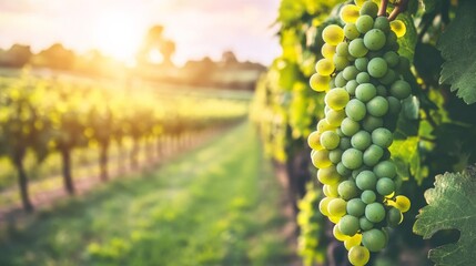 Fototapeta premium Lush Vineyard at Sunset with Ripe Green Grapes
