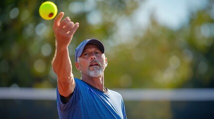 A man tosses a yellow pickleball into the air.