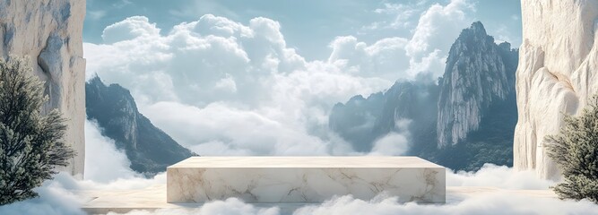 4. A stunning display of a beige marble podium on a cloud, with a surreal mountain nature landscape behind it, offering a unique and dreamy platform for beauty products