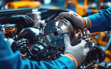 A close-up view of an auto mechanic examining a new turbocharger in the midst of a car repair.