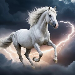 White Stallion Charging Through a Thunderstorm