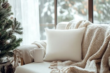 Empty white soft pillow on the sofa. ai generated