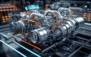A comprehensive illustration of four turbochargers connected through a detailed and complex piping layout, emphasizing the innovative design 