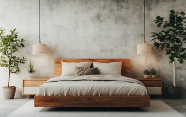 A modern bedroom featuring a wooden bed, nightstands, soft bedding, and decorative plants, creating a serene atmosphere.