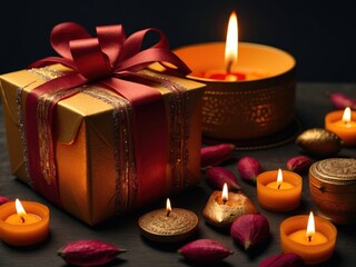 Diwali gift boxes and glowing lights. AI Generative