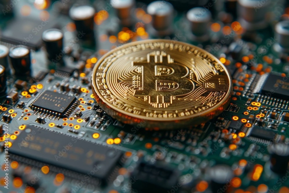 Poster bitcoin golden coins on a computer circuit board the future of digital currency and technology