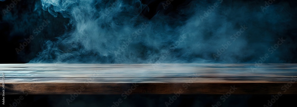 Poster 4. an elegant wooden table in a dimly lit setting, with wisps of smoke ascending into the air, creat