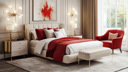 Luxury bedroom with red accents and gold details.