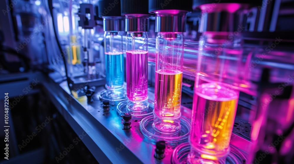 Poster brightly colored liquids fill several test tubes in a laboratory, illuminated by dramatic lighting. 