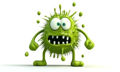 A cartoon germ with green goo, big eyes, and sharp teeth, standing with arms clenched, looks menacing against a white background.
