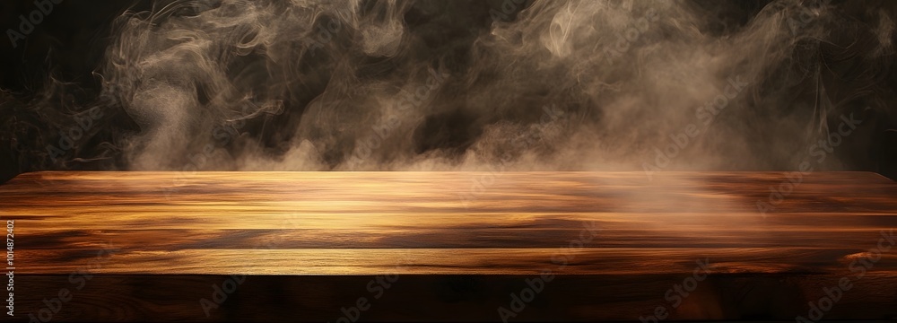 Poster 4. an elegant wooden table in a dimly lit setting, with wisps of smoke ascending into the air, creat