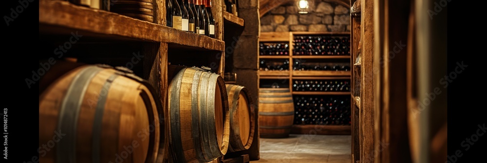 Poster a rustic wine cellar showcasing wooden barrels and neatly stacked wine bottles on shelves. generativ
