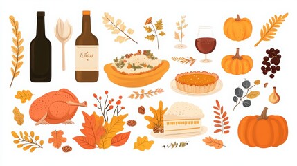 a set of cute cartoon icons for Happy Thanksgiving Day, happy turkey dinner table, pumpkin pie and wine bottle, candles, herb leaves, and abstract fall elements for a banner or poster design