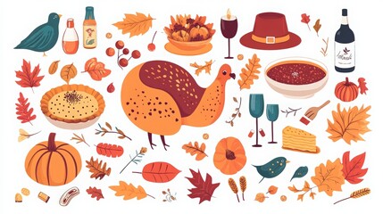 a set of cute cartoon icons for Happy Thanksgiving Day, happy turkey dinner table, pumpkin pie and wine bottle, candles, herb leaves, and abstract fall elements for a banner or poster design