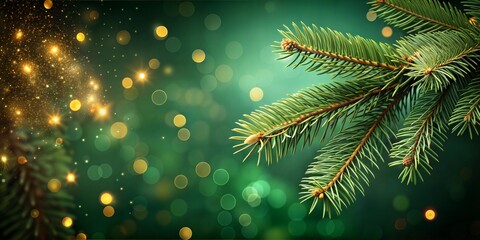 Close-up of evergreen pine branches with glitter and bokeh lights on a green background with copy space