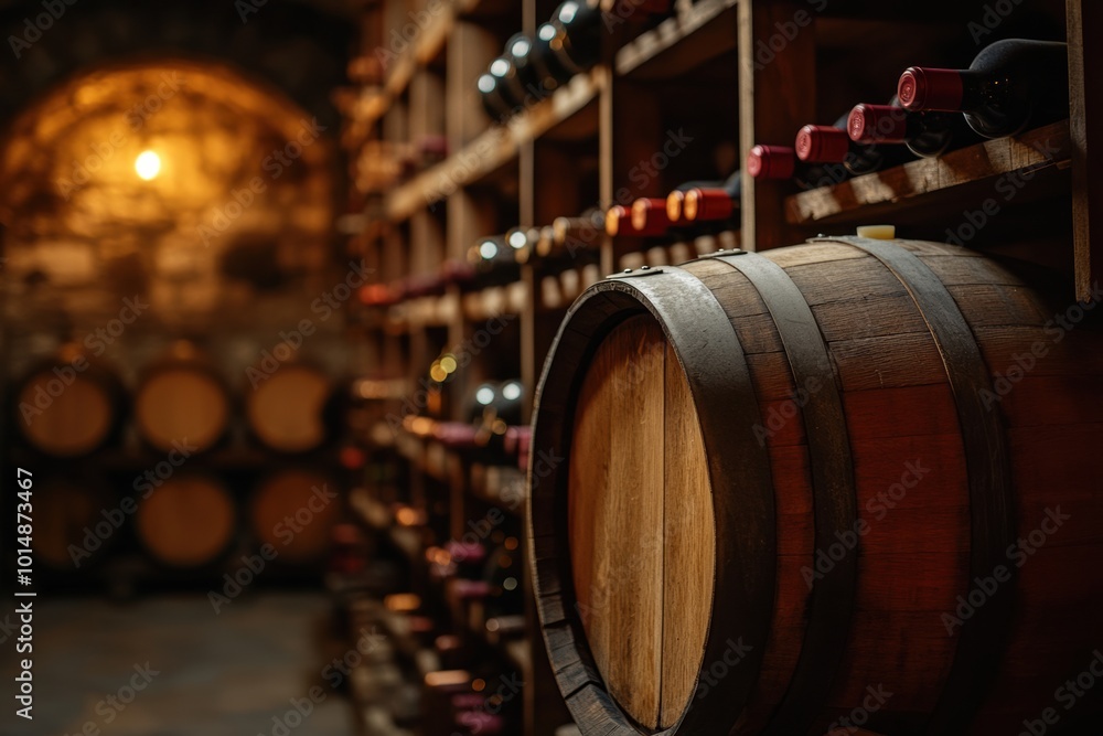 Poster explore the rustic charm of a wine cellar brimming with wooden barrels and expertly stacked wine bot