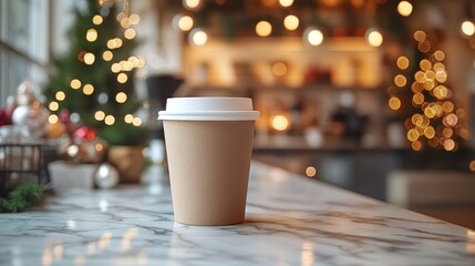 Paper cups with Christmas decoration and copy space for your design. xmas mockup. ai generated