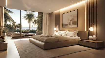 Modern bedroom with ocean view and large bed.