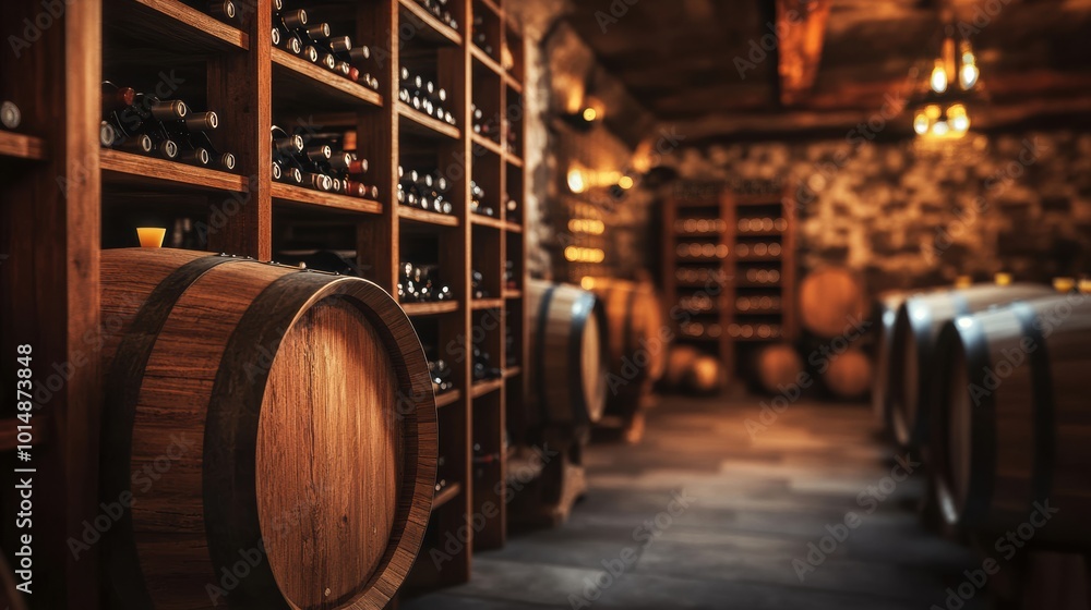 Poster explore a rustic wine cellar brimming with wooden barrels and shelves of fine wine bottles at a sere