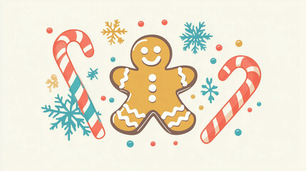 Cheerful holiday bakery logo featuring a gingerbread man, candy canes, and festive snowflakes in a delightful winter theme