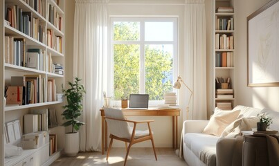 Fototapeta premium A bright and airy home office with a desk, chair, laptop, bookshelves, and a sofa, with sunlight streaming through a window.