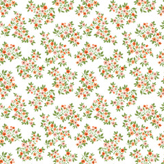 Vintage seamless floral pattern. Ditsy style background of small orange flowers. Small blooming flowers scattered over a white background. Stock vector for printing on surfaces and web design.