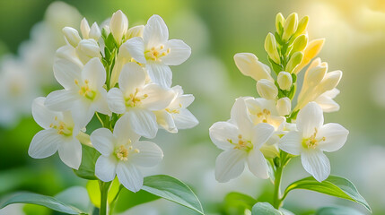 Obraz premium A close-up of white weigela blooms a soft, blurred background