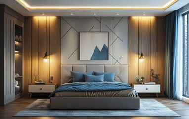 Modern bedroom with wood paneling and blue accents.