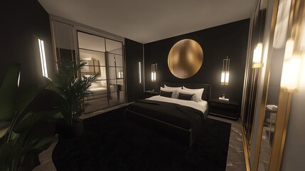 Modern black and gold bedroom interior design.