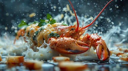 Dynamic shot of levitating components of Lobster Thermidor: caramelized lobster meat, cognac mustard sauce, herb-roasted potatoes, and grilled zucchini in mid-air