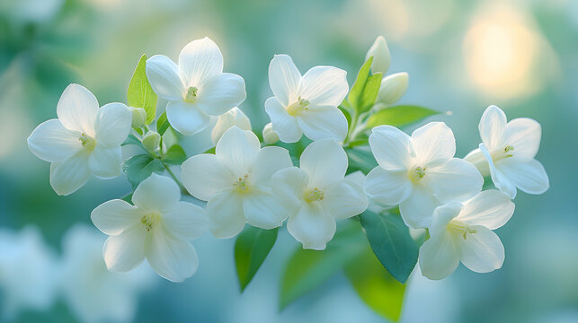 A close-up of white weigela blooms a soft, blurred background