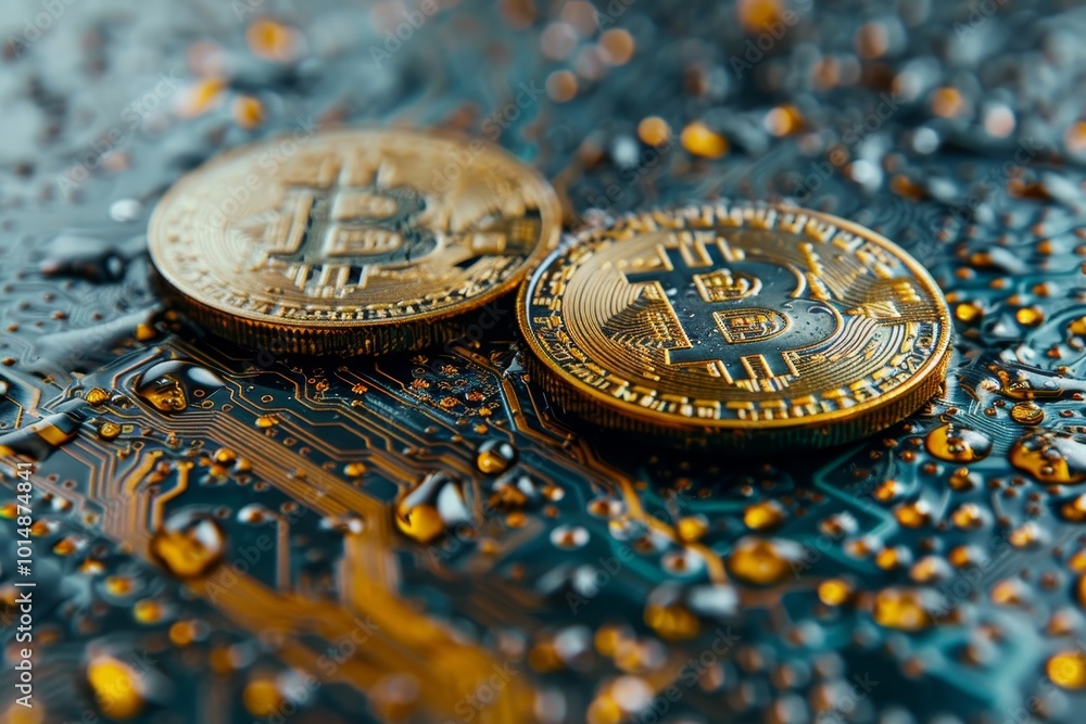 Poster bitcoin golden coins on computer circuit board the future of digital currency and technology