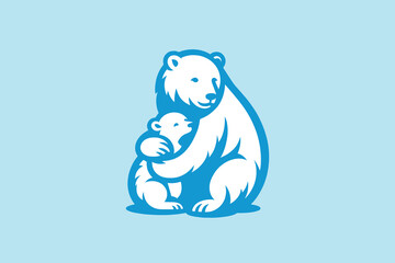 Mother bear hugs her baby. Logo, emblem, sign. Polar bear. White and blue color