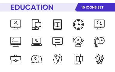 Education line icons collection. Big UI icon set in a flat design. Thin outline icons pack. Thin line icons set of academic subjects and education. Outline symbol collection.