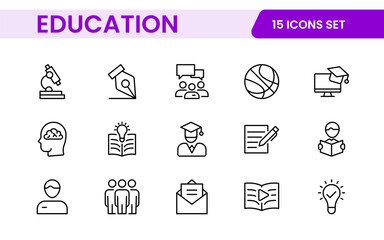 Education line icons collection. Big UI icon set in a flat design. Thin outline icons pack. Thin line icons set of academic subjects and education. Outline symbol collection.