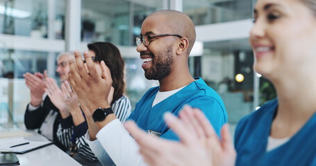 Medical team, people and smile at boardroom with applause for success, achievement and well done on...