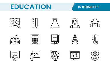 Education line icons collection. Big UI icon set in a flat design. Thin outline icons pack. Thin line icons set of academic subjects and education. Outline symbol collection.