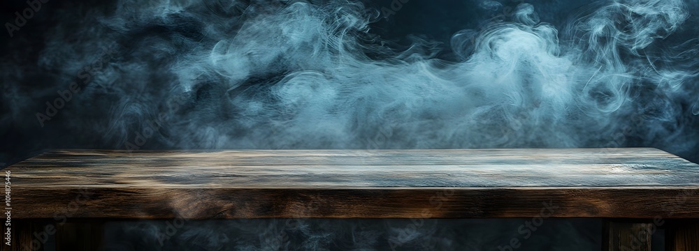 Poster 2. a rustic wooden table with an empty space for product display, surrounded by swirling smoke on a 