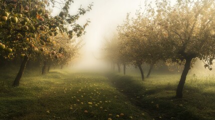 Fototapeta premium rustic apple orchard at harvest, early morning mist and dew-covered apples glistening on trees, 