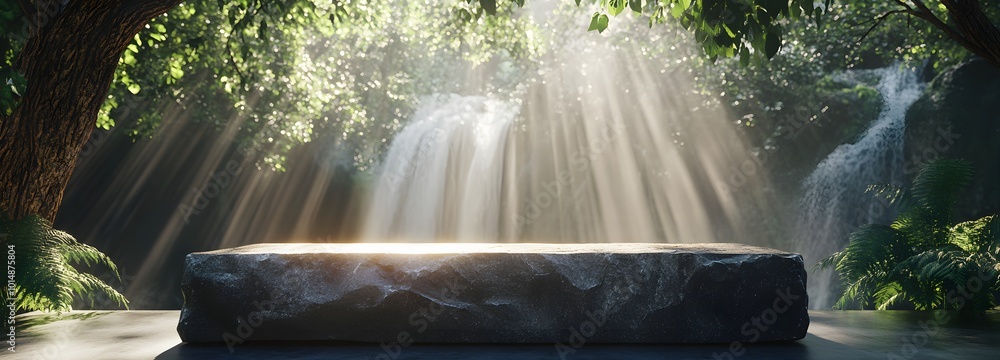Poster 3. a captivating illustration of a rugged stone display podium in front of a picturesque waterfall, 