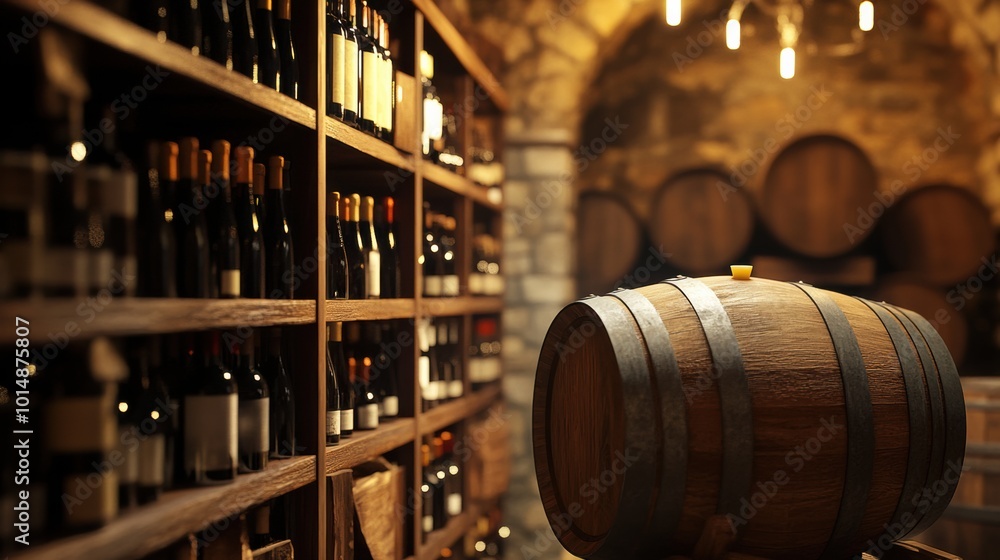Poster a rustic wine cellar featuring wooden barrels and shelves brimming with assorted wine bottles in a c