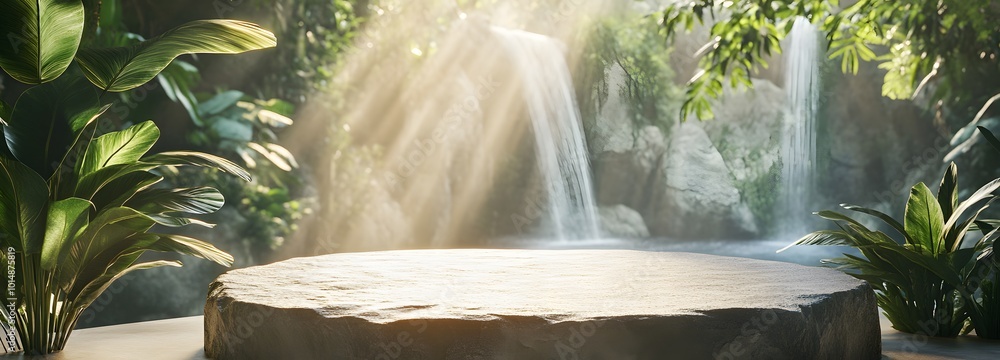 Poster 3. a captivating illustration of a rugged stone display podium in front of a picturesque waterfall, 