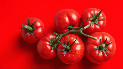 Fresh tomatoes on the vine with herbs solid bold red background