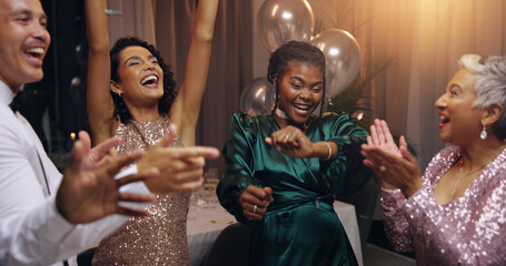Business people, dancing and party at night, event and new years eve with friends, diversity and...